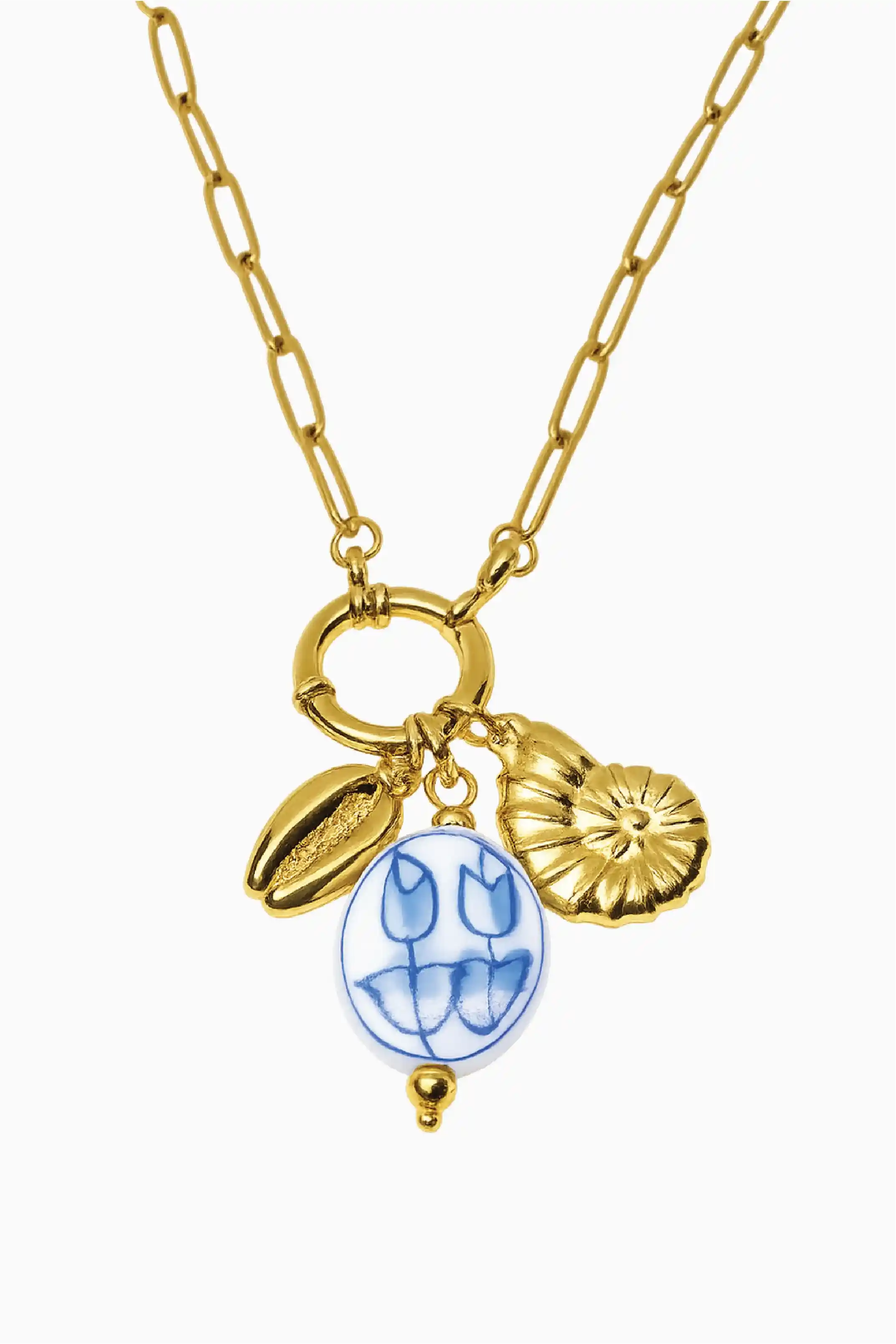 Gold necklace with a trident pendant on a white background