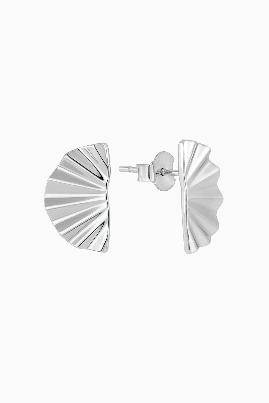 Silver fan-shaped earrings on a white background
