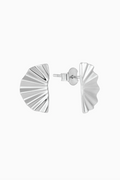 Silver fan-shaped earrings on a white background