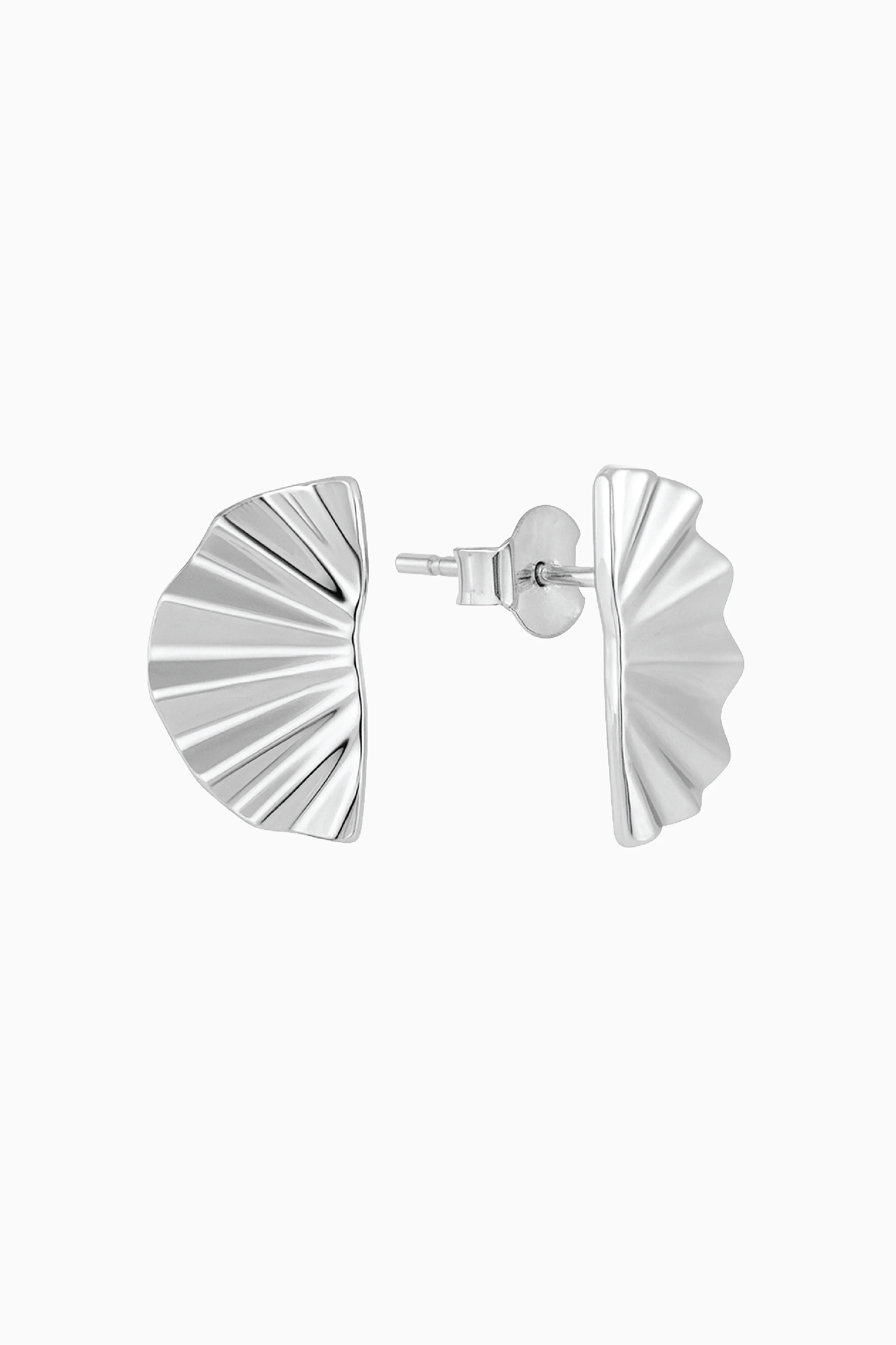 Silver fan-shaped earrings on a white background