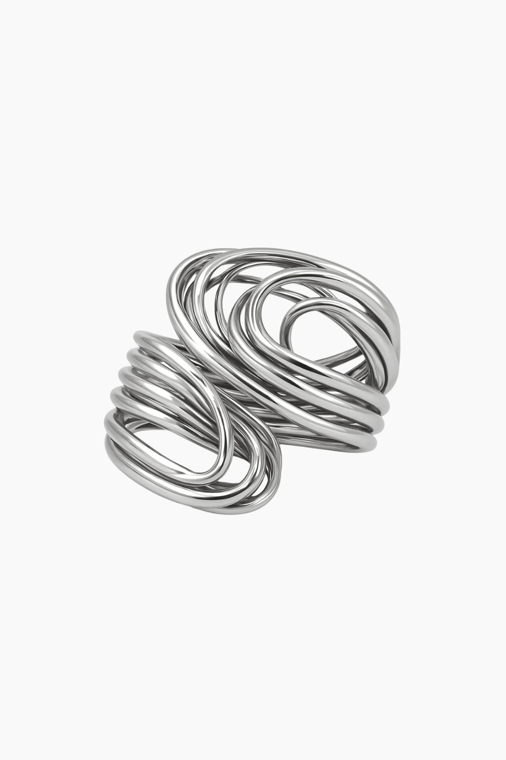 Silver ring with a twisted design on a white background