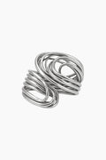 Silver ring with a twisted design on a white background