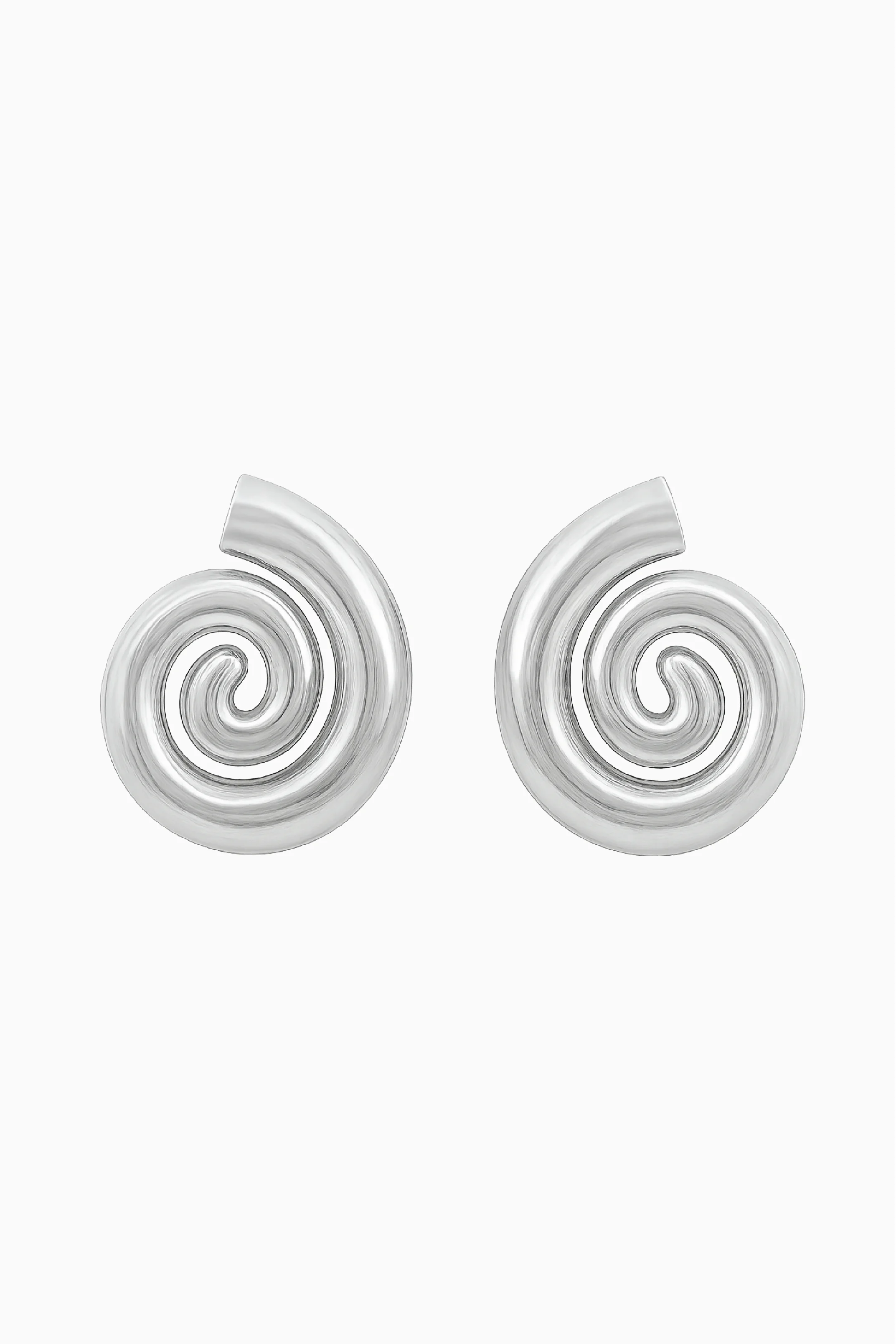 Pair of silver spiral earrings on a white background