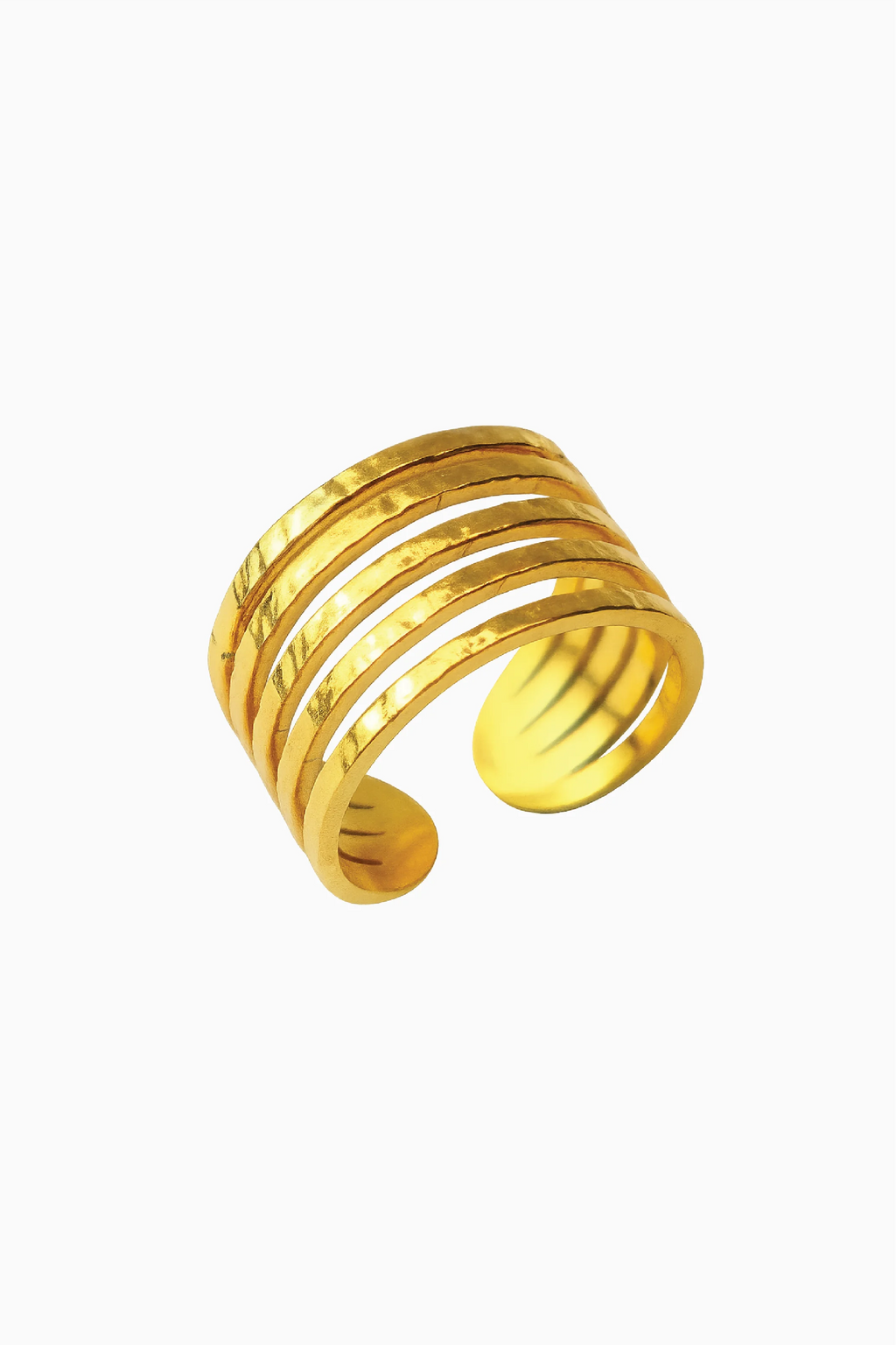 Gold ring with multiple bands on a white background